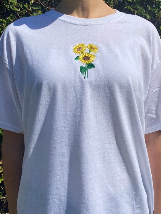 Tee Tops - Sunflower Embroidered T-Shirt | Unisex Floral Nature Tee | Spring Summer T-shirt